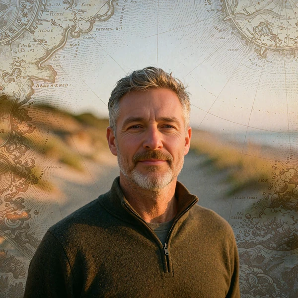 Relaxed man in his late forties with a grey beard on a coastal path - MatureSearch review anonymised reader portrait