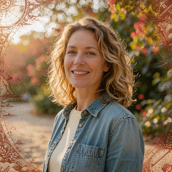 Smiling woman in her early thirties wearing a denim shirt in a park - MatureSearch review member feedback portrait